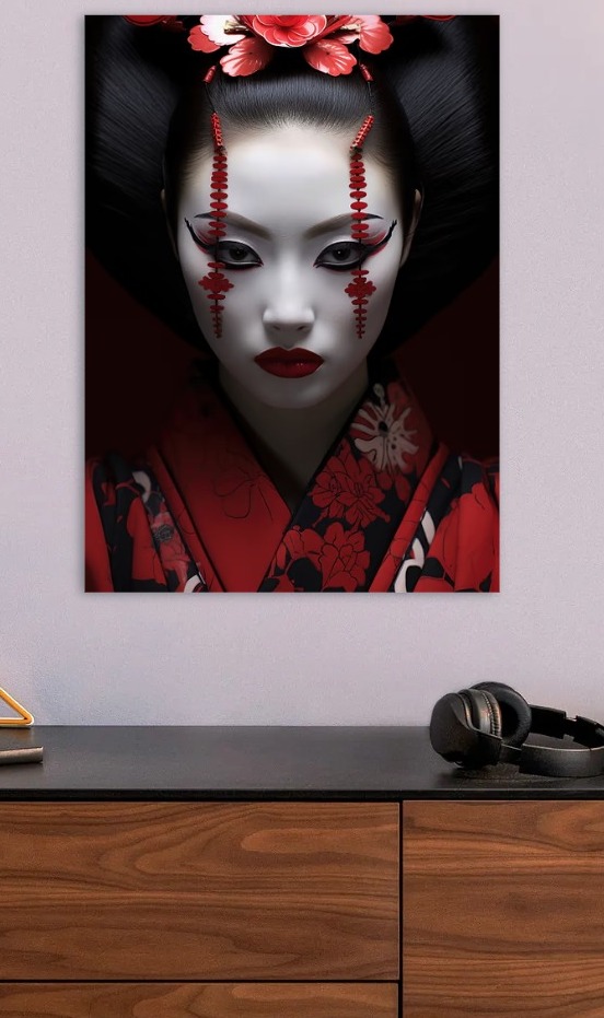 Geisha Portrait with Red and Black Detai — metal poster wall art by Lineer